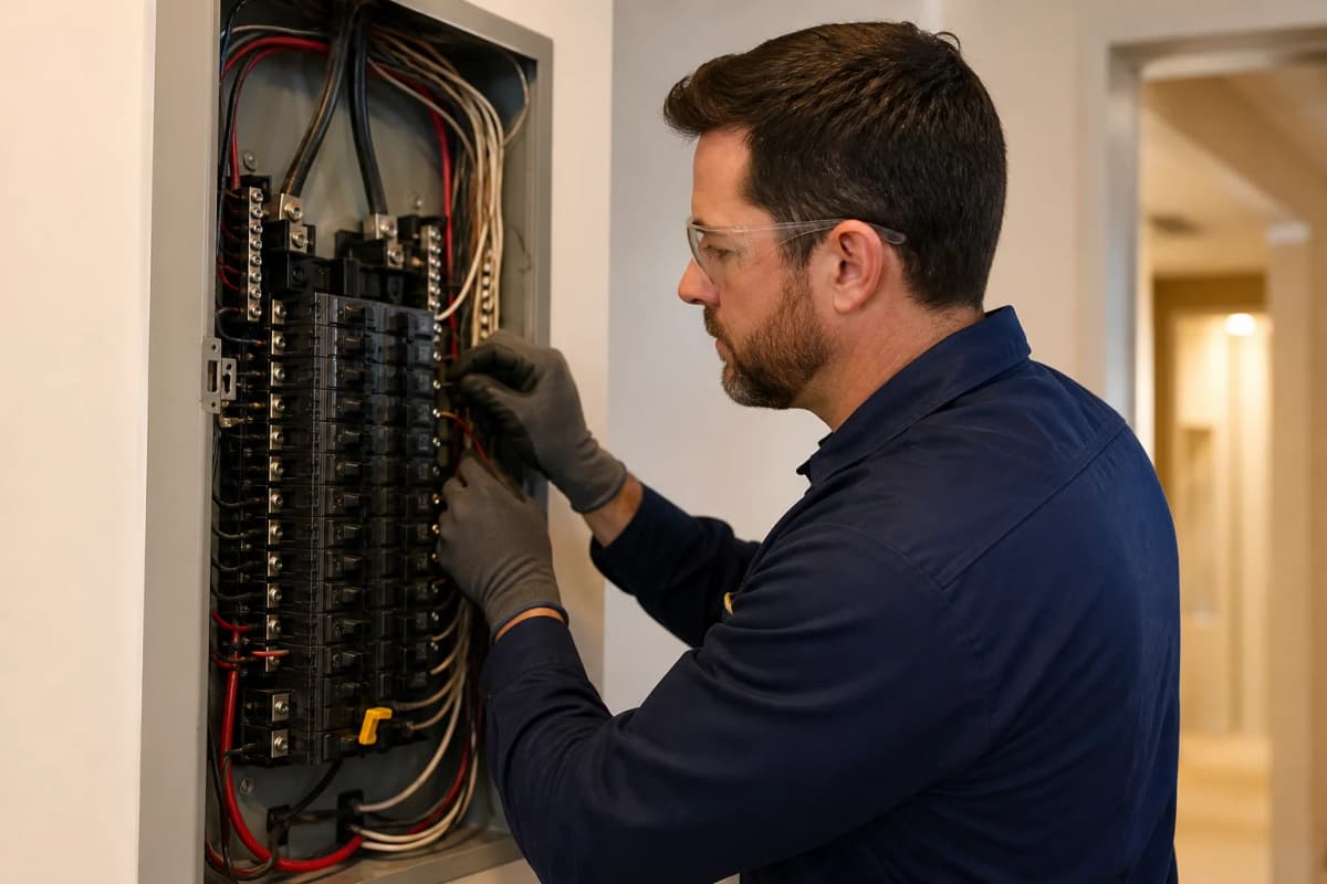 Licensed electrician installing an electrical panel in a residential property