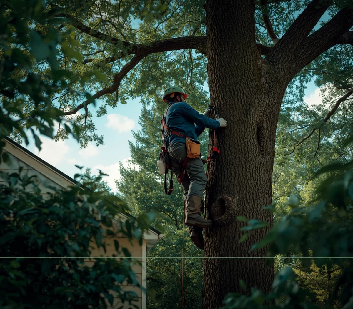 Arborist in safety gear climbing a large tree in a sunlit residential yard
